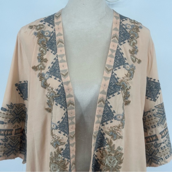 Driftwood Joelle Peach Embroidered Open Front Topper Cardigan Boho Peasant Small - Picture 4 of 16